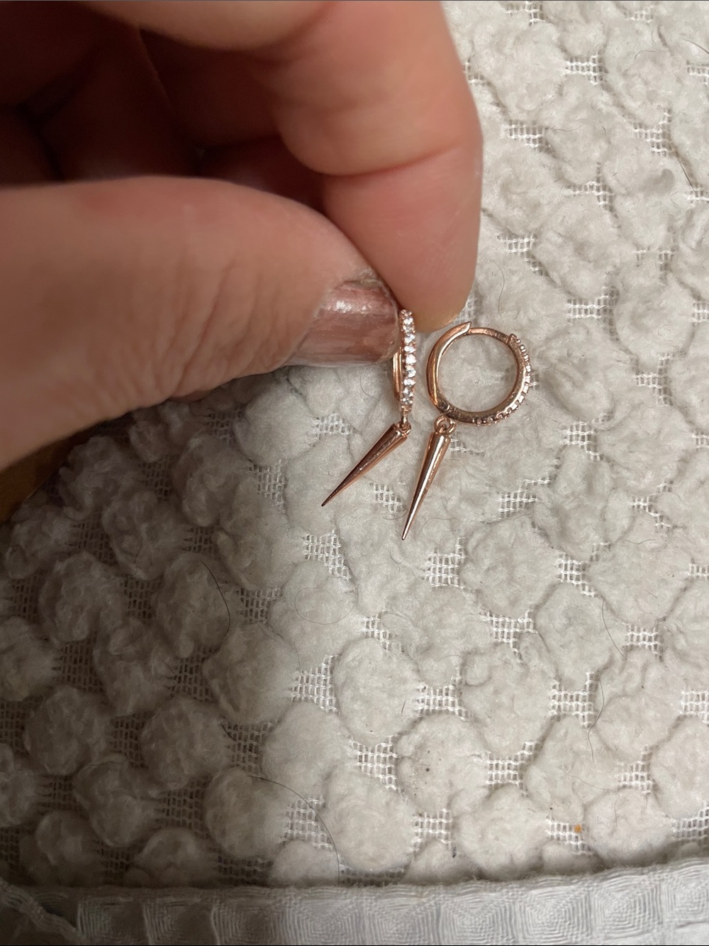 925 Sterling 14 k Rose Gold plated Spike Huggie Hoop Earrings with CZ Accents